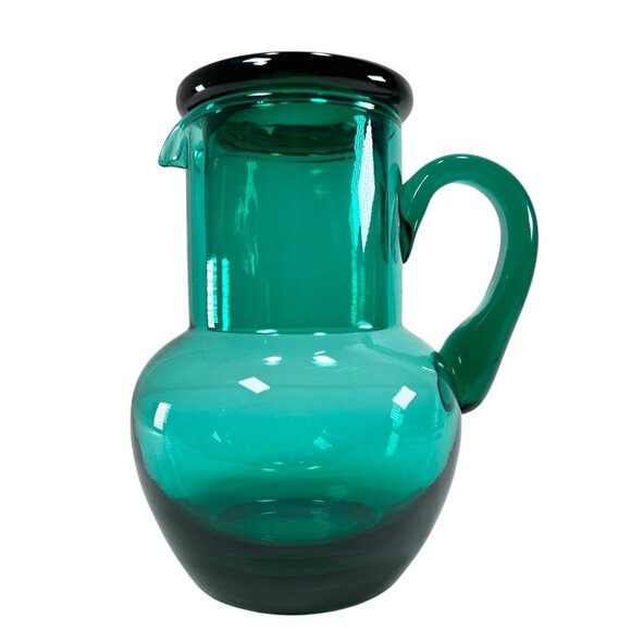 RARE Teal Glass Hand Blown Vintage Tumble Up Guest Pitcher and Cup Matching Set - Picture 2 of 15